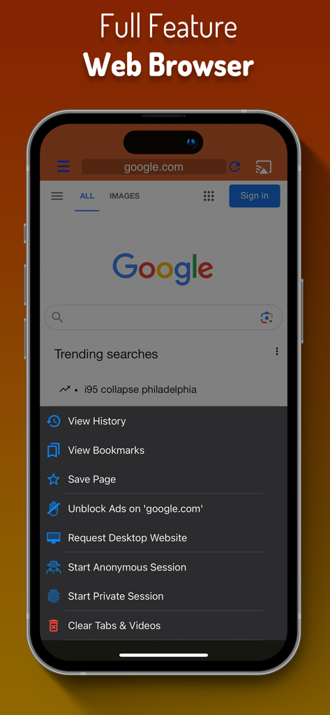 Screenshot dell'app iWebTV che mostra un browser web completo con blocco pubblicità e modalità privacy.