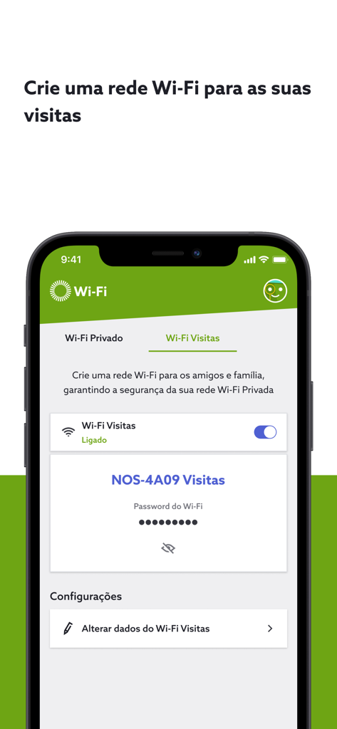 NOS Net app screen for setting up a guest Wi-Fi network with network name and password options