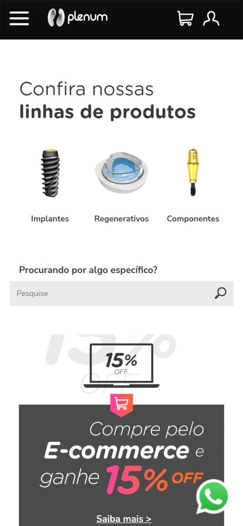 Plenum app interface showing product categories for dental implants and regenerative materials with a promotional discount banner