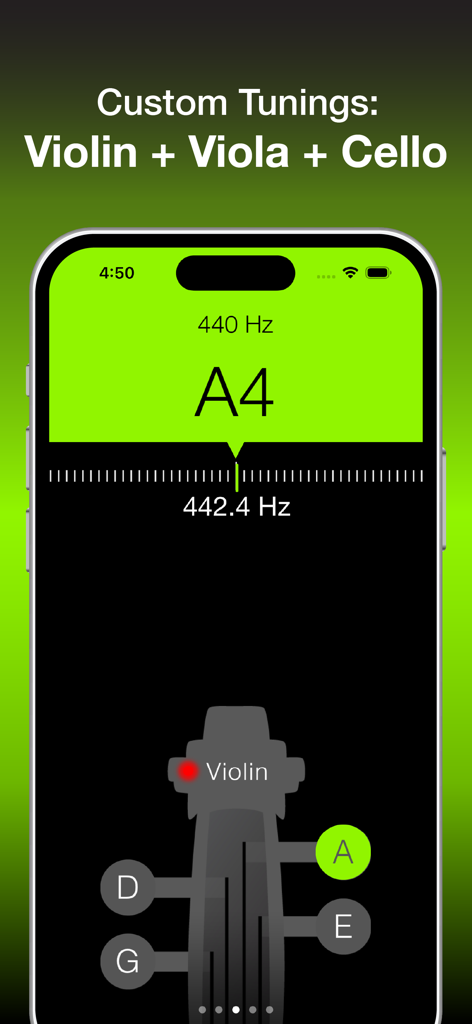 Guitar Tuner & Tone Generator - Interfaz de una aplicación de afinador cromático digital que muestra configuraciones de afinación personalizadas para instrumentos de violín, viola y violonchelo.