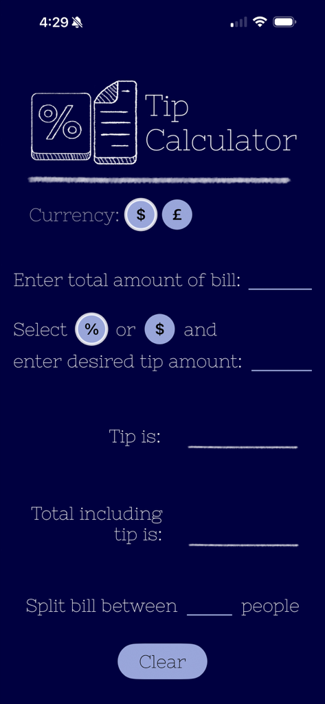 TipCalculator - Easy Peasy - Main interface of the TipCalculator Easy Peasy mobile app showing bill amount and tip calculation fields