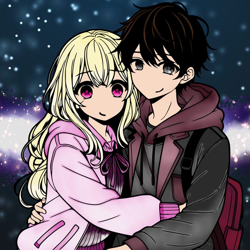 anime girl and boy hugging