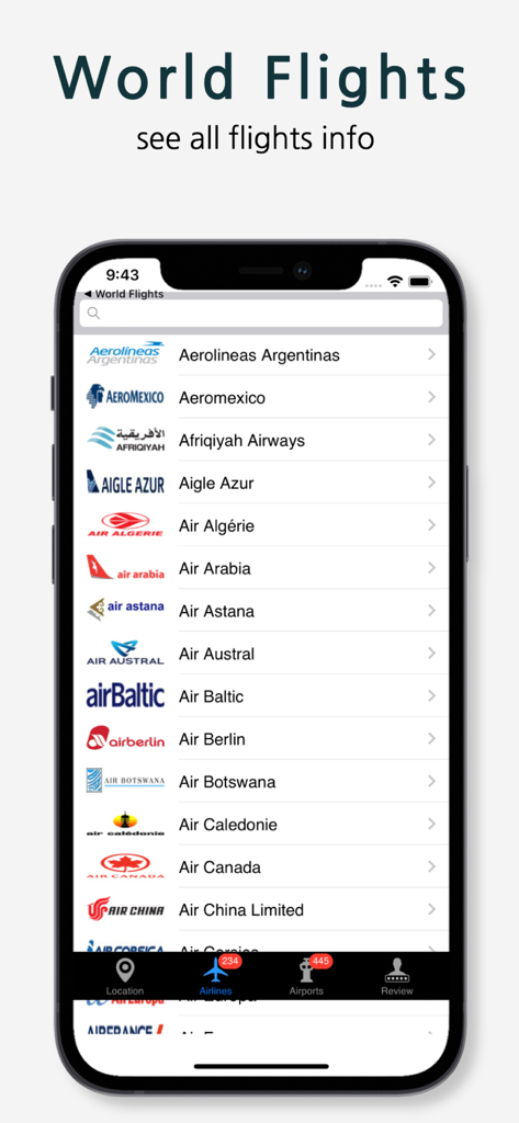 A smartphone screen displaying a list of international airlines with logos in the World Flights app