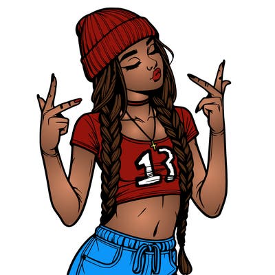 realistic teenage girl with braids and a beanie and crop top doing 🫶🏼