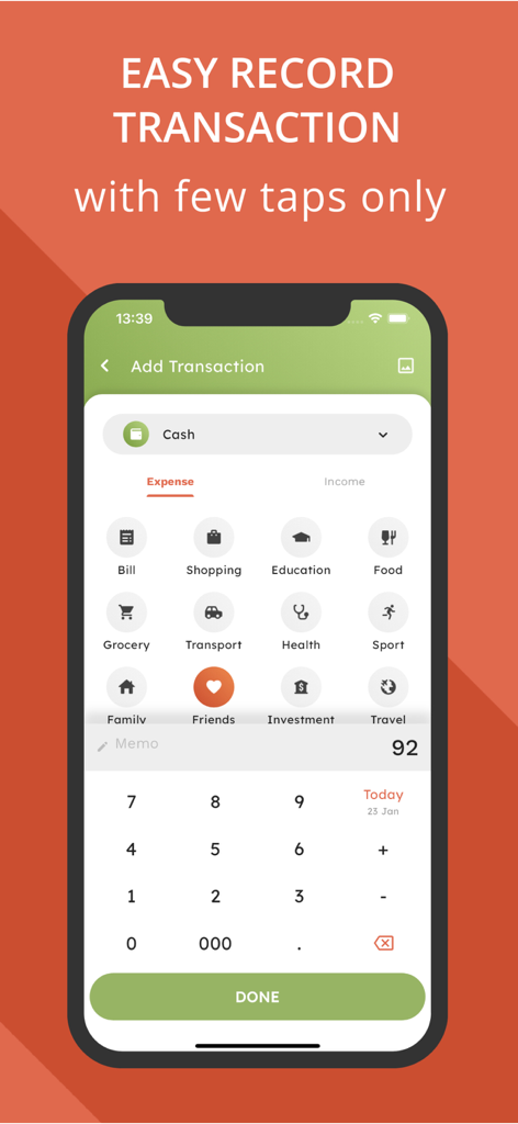 Pantalla de la aplicación móvil para agregar una transacción financiera con iconos de categoría y un teclado numérico en myMoney Finance