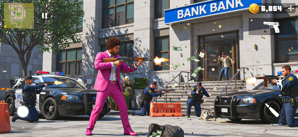 Rogue City Crime Gangster Game - Action gameplay from Rogue City Crime Gangster Game showing a character in a pink suit during a bank robbery shootout with police.