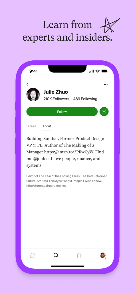 Medium app screen showing the profile page of expert author Julie Zhuo with a follow button and professional bio.