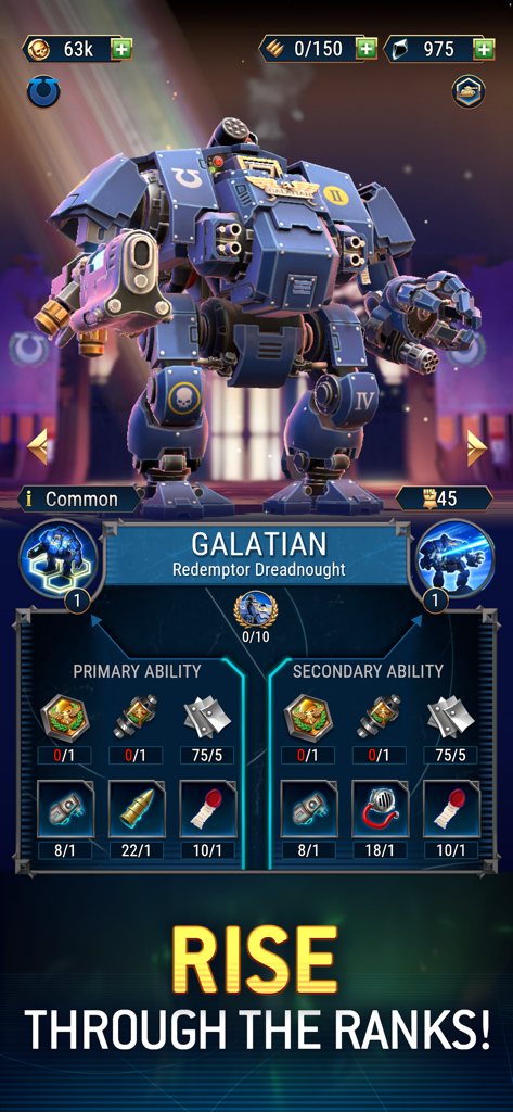 Profilo unità Redemptor Dreadnought Galazius e schermata di miglioramento personaggio in Warhammer 40000 Tacticus