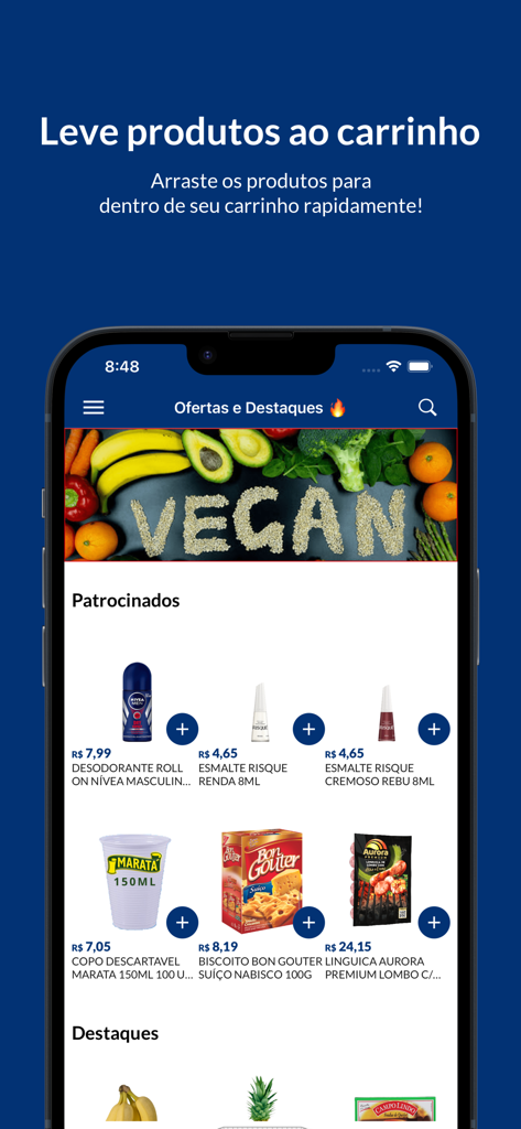 Mercado do Sabor Delivery - Mercado do Sabor Delivery app screen showing grocery products and a vegan banner