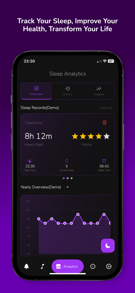 Sleep Sounds • Alarm & Tracker - Una pantalla de smartphone que muestra el panel de análisis del sueño de la aplicación Slumberspace con la duración del sueño y un gráfico de progreso anual