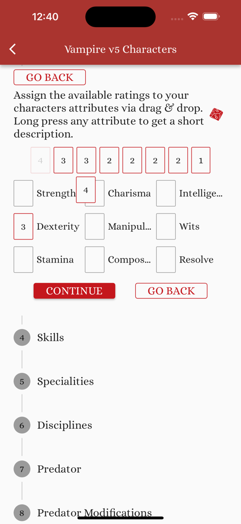 Vampire v5 Characters - Character creation screen in the Vampire v5 app showing attribute point assignment for stats like Strength and Charisma