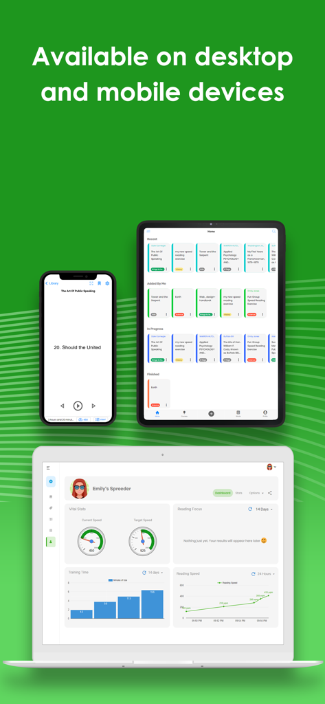 Spreeder - Speed Reading - Spreeder speed reading app interface displayed on a smartphone tablet and laptop showing the library and performance analytics dashboard