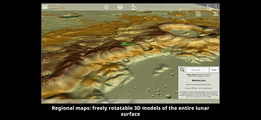 GlobeViewer Moon PRO - A detailed 3D topographic view of the lunar surface highlighting the Montes Jura mountain range and craters.
