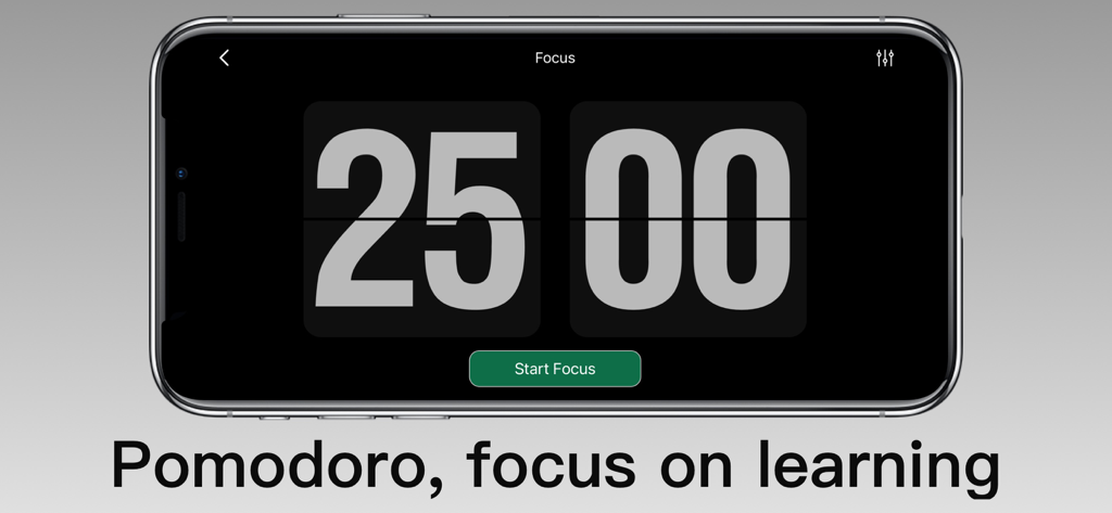La aplicación Flip Clock muestra un temporizador de concentración Pomodoro de 25 minutos en un smartphone en modo horizontal.