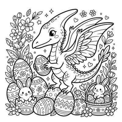 Celebrate Easter with a unique twist! This delightful coloring page features a friendly Pterodactylus amidst a festive scene of decorated eggs, charming bunnies, and blooming spring flowers, offering endless creative possibilities.