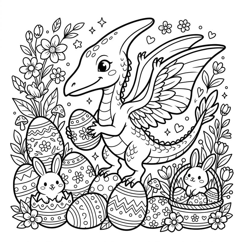 Celebrate Easter with a unique twist! This delightful coloring page features a friendly Pterodactylus amidst a festive scene of decorated eggs, charming bunnies, and blooming spring flowers, offering endless creative possibilities.