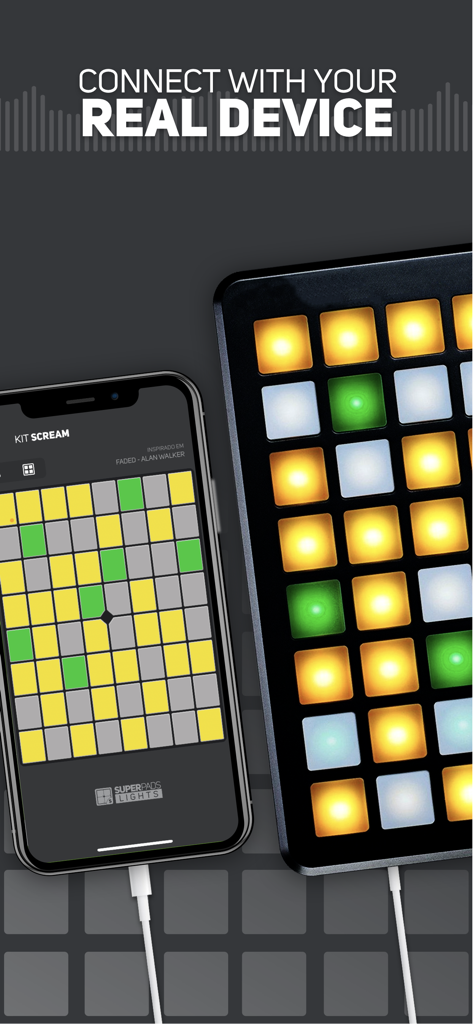 Smartphone app synchronized with a physical music launchpad featuring glowing LED light pads