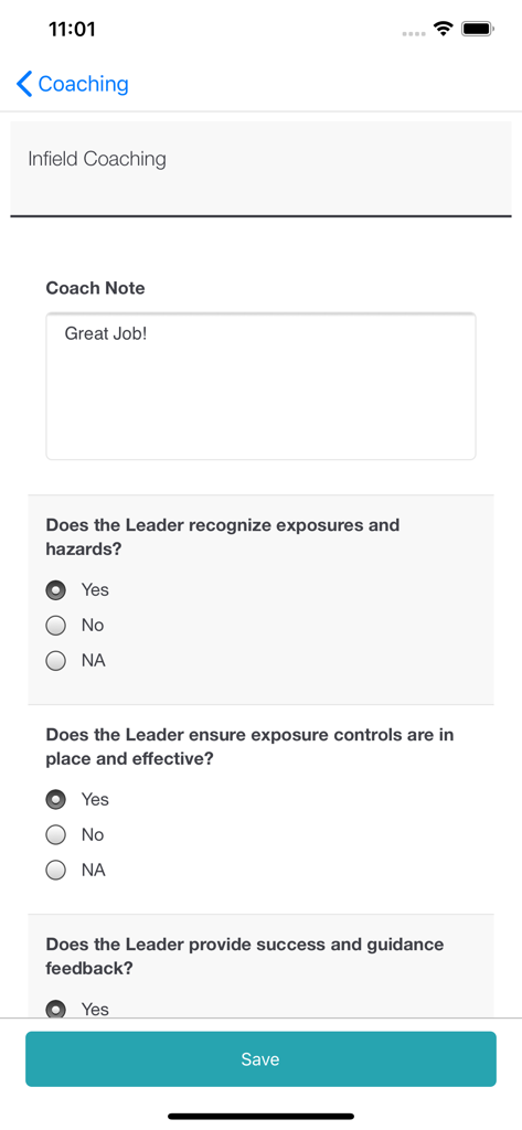 SafeAlign - SafeAlign app interface for recording infield safety coaching and leader feedback.