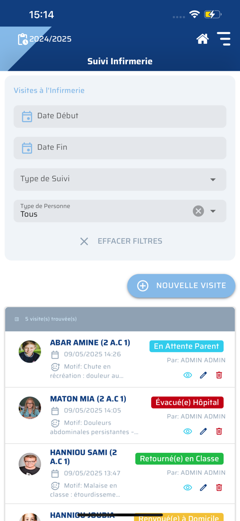 G-EcolePlus - Interfaz de la aplicación de gestión escolar G-EcolePlus que muestra los registros de visitas a la enfermería de los estudiantes y las actualizaciones de estado.