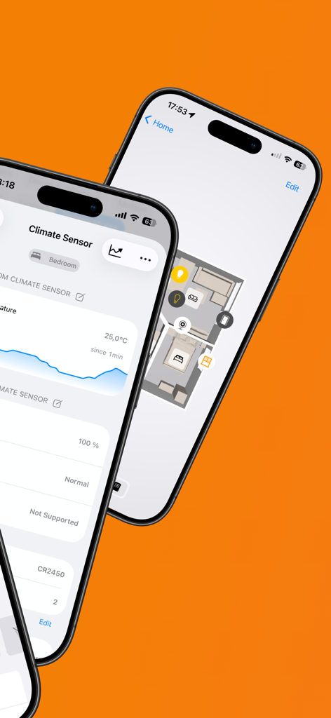 Two iPhones displaying the Controller for HomeKit app featuring a 2D floor plan and climate sensor data with charts.