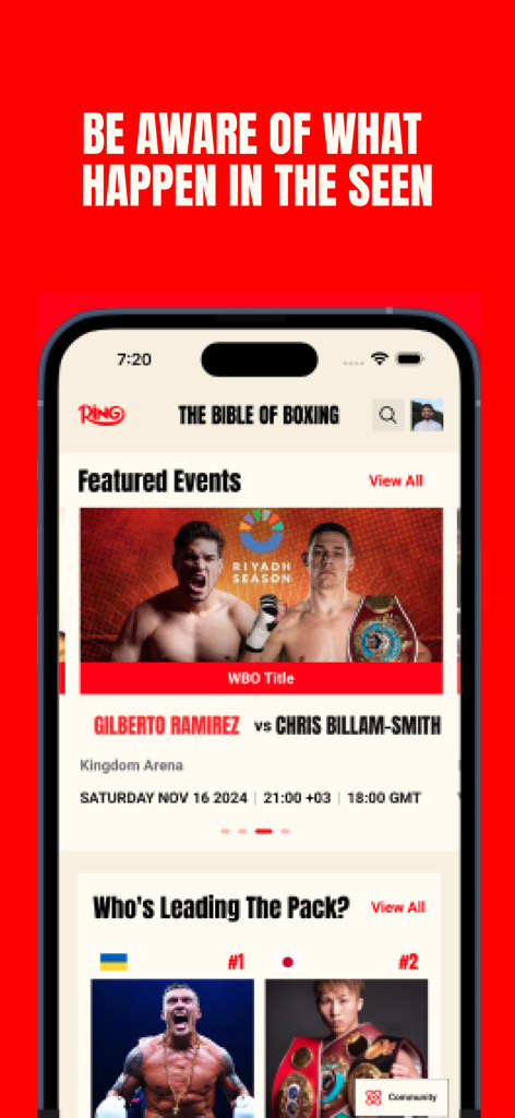 Ring Magazine app interface showing featured boxing events and fighter rankings