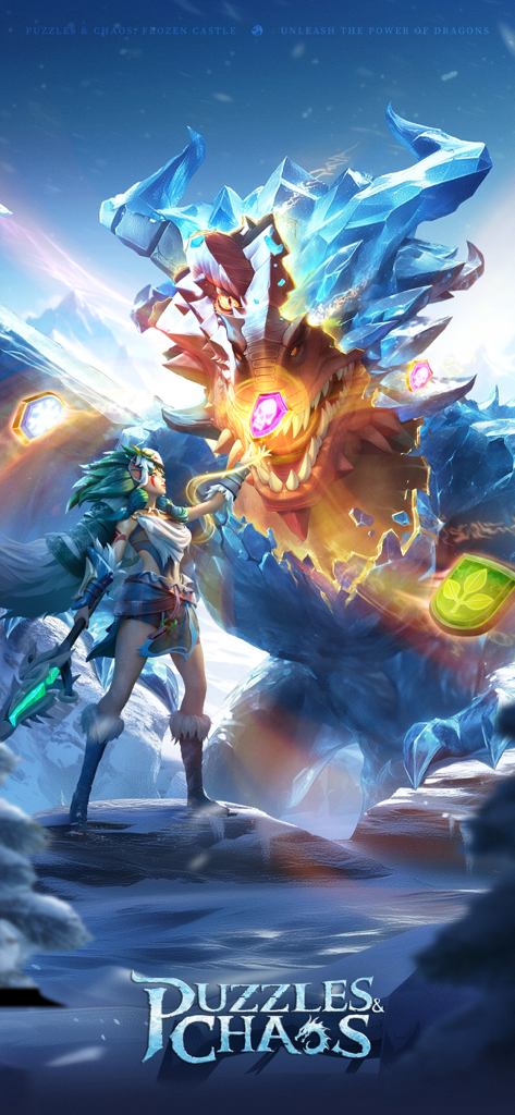 A female fantasy warrior stands before a giant ice dragon in a frozen snowy landscape