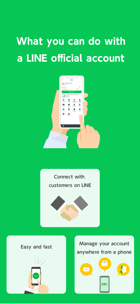 Infographie montrant comment se connecter avec les clients et gérer un compte professionnel à l'aide de l'application Compte Officiel LINE sur un téléphone