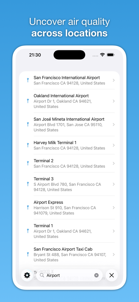 Breathe - Air Quality Monitor - Breathe app search interface showing air quality data for multiple locations in the San Francisco Bay Area.