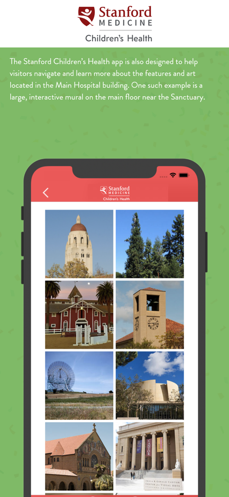 Stanford Children's - A mobile app screen for Stanford Children's Health showing a gallery of hospital art and landmarks to help visitors navigate.