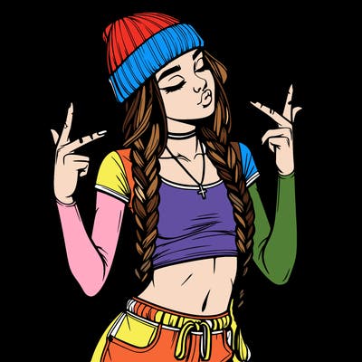 realistic teenage girl with braids and a beanie and crop top doing 🫶🏼