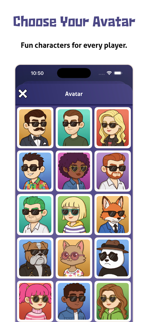 A menu of diverse cartoon avatars including humans and animals wearing sunglasses for players to choose from in the Chameleon game.