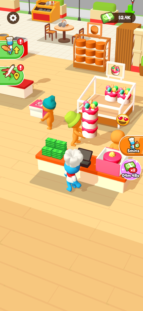 My Sweet Bakery! - Gameplay of My Sweet Bakery showing a chef at the counter and customers buying colorful cakes