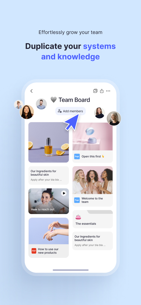 Interface do aplicativo móvel Boards.com mostrando um board de equipe compartilhado com scripts de vendas, catálogos de produtos e vídeos de treinamento