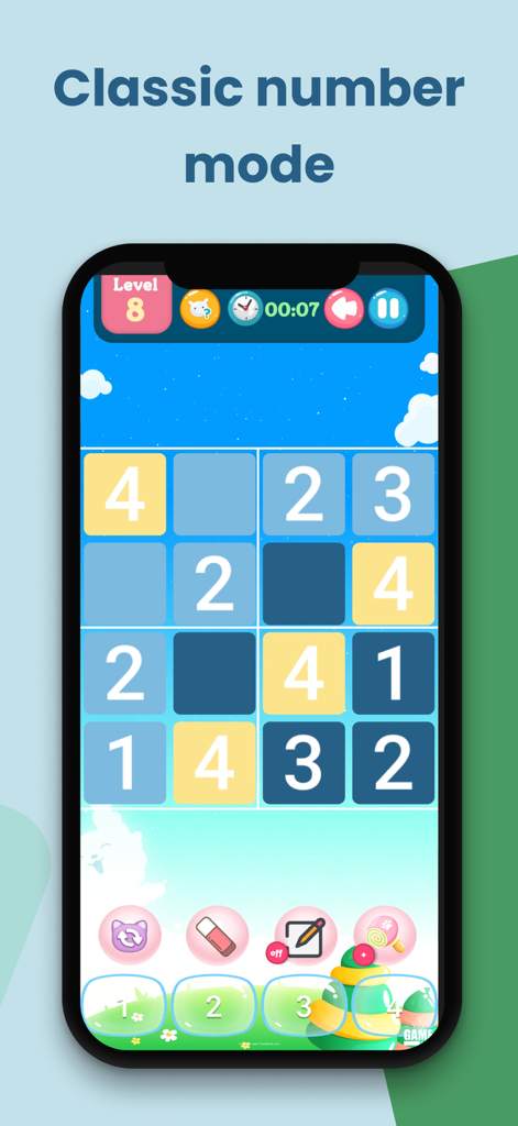 Kidoku app showing a classic number Sudoku puzzle with a four by four grid for kids