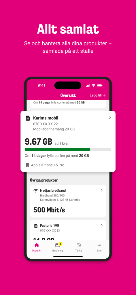 Comviq App-Dashboard, das die Datennutzung und den Kontoüberblick in schwedischer Sprache anzeigt