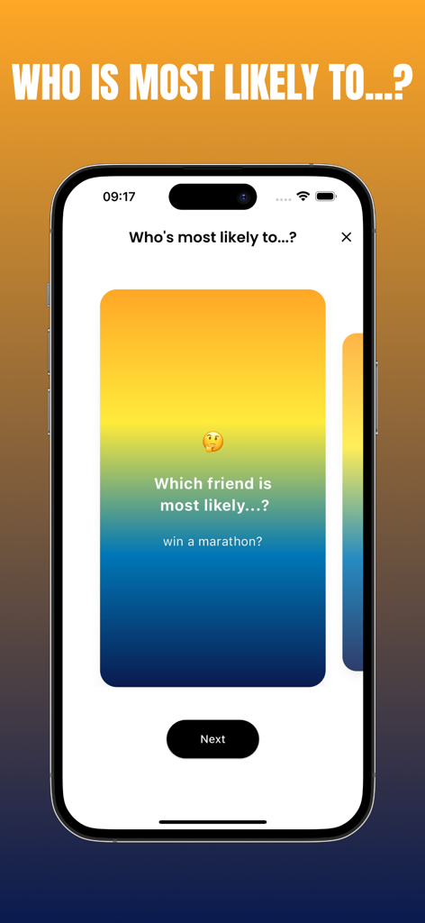 Interface of the FlipParty app showing a Who Is Most Likely To question card.