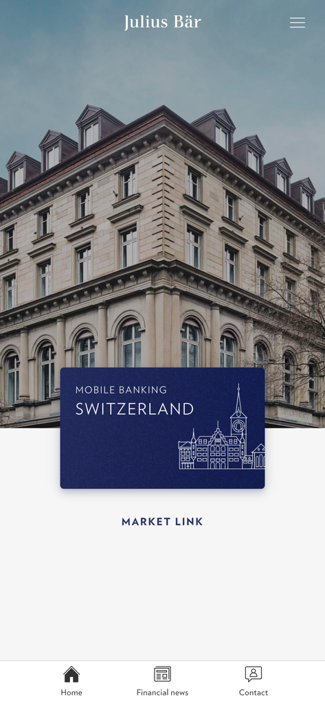 Julius Baer Mobile - Startbildschirm der mobilen Banking-App von Julius Bär mit einem klassischen Bankgebäude und Menüoptionen.