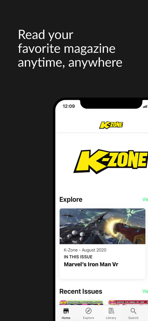 Startbildschirm der K-Zone Magazin App mit der Marvel Iron Man VR Ausgabe und der digitalen Bibliothek