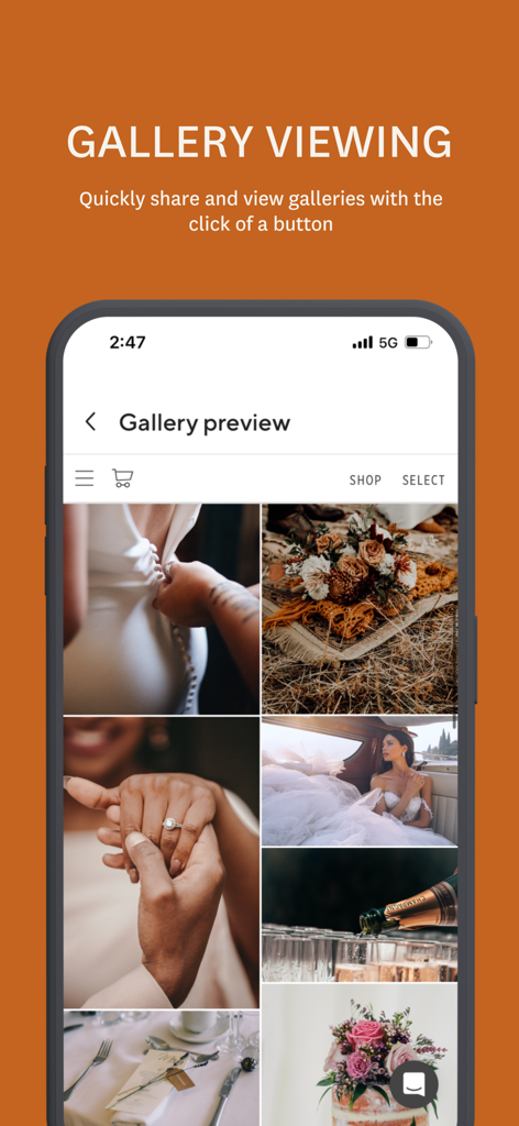 Mobile screen showing a professional photography gallery with wedding photos on the Pass app