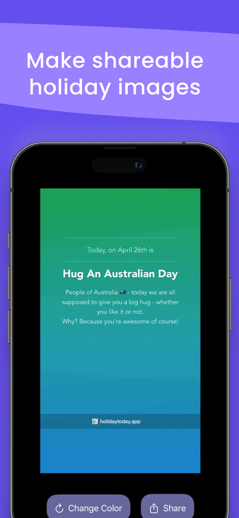 National Holiday Today - A mobile interface for the National Holiday Today app displaying a shareable social media graphic for Hug An Australian Day.