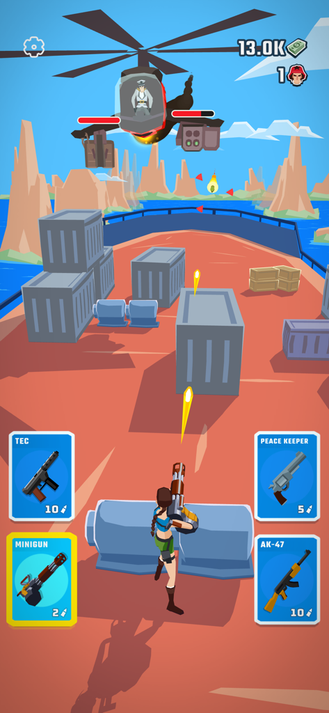 Agent Action - Spy Shooter - Captura de tela do jogo Agent Action Spy Shooter mostrando um personagem usando uma metralhadora para atacar um helicóptero chefe do convés de um navio.