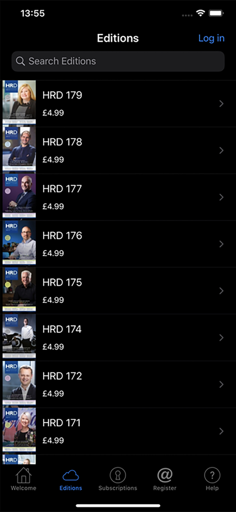 theHRDIRECTOR - A list of digital magazine issues available for purchase in theHRDIRECTOR app editions screen.