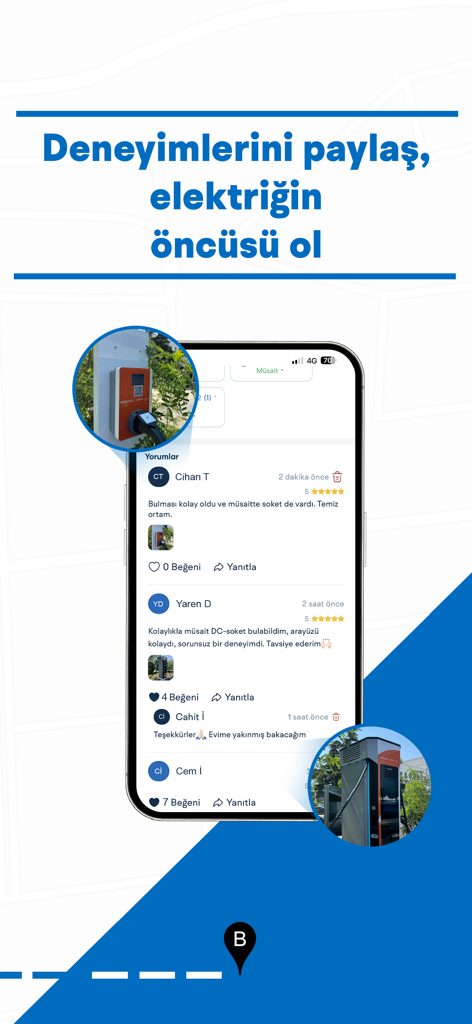 ChargeIQ-Tüm Şarj İstasyonları - Mobile App-Oberfläche, die Community-Bewertungen und -Rezensionen für E-Auto-Ladestationen anzeigt