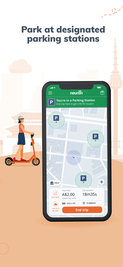 Neuron E-scooters and E-bikes - Neuron app interface showing e-scooter parking stations on a map