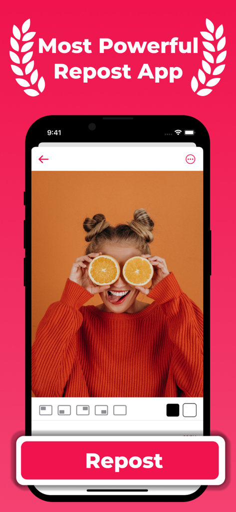 Main screen of the Repost Reels and Stories app displaying a content preview and repost options