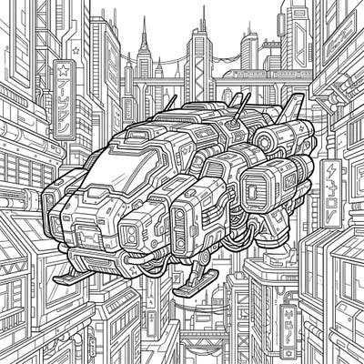 Embark on an epic coloring journey into a vibrant cyberpunk future with this detailed page featuring an advanced futuristic vehicle. This intricate design offers a thrilling artistic challenge for teens who love sci-fi and complex imagery.