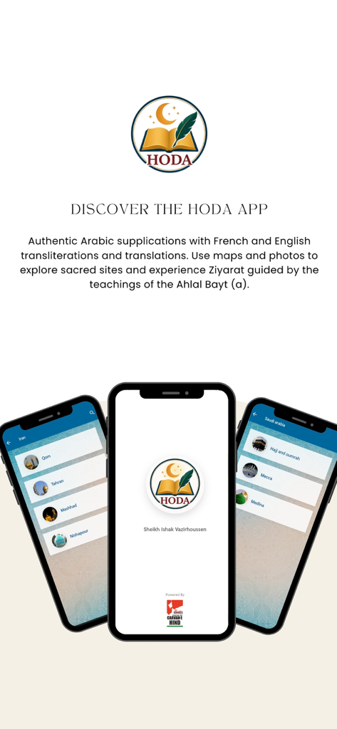 Hoda - The Hoda app interface displaying spiritual pilgrimage guides for Iran and Saudi Arabia with supplications and maps.
