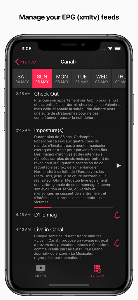 Feedlix TV electronic program guide showing a television schedule with channel details on an iPhone screen