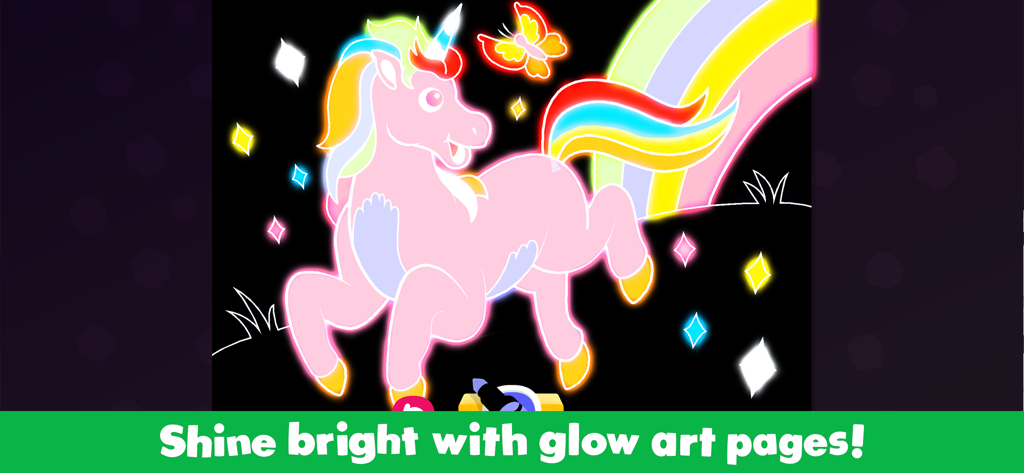 A glowing pink unicorn with a rainbow mane and tail on a dark background in the Crayola Create and Play app.