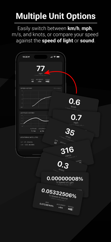 Speed Dash - Speed Dash app screen showing multiple unit options including mph knots and speed of light percentage